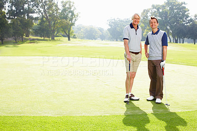 Buy stock photo Full length of two men standing on golf course and smiling