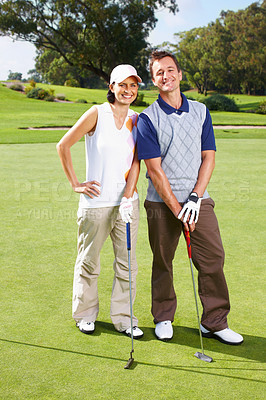 Buy stock photo Portrait, golf course and couple with fitness, love and grass field with sports, recreation and healthy people. Face, man and woman with wellness, activity and game with training, routine and hobby