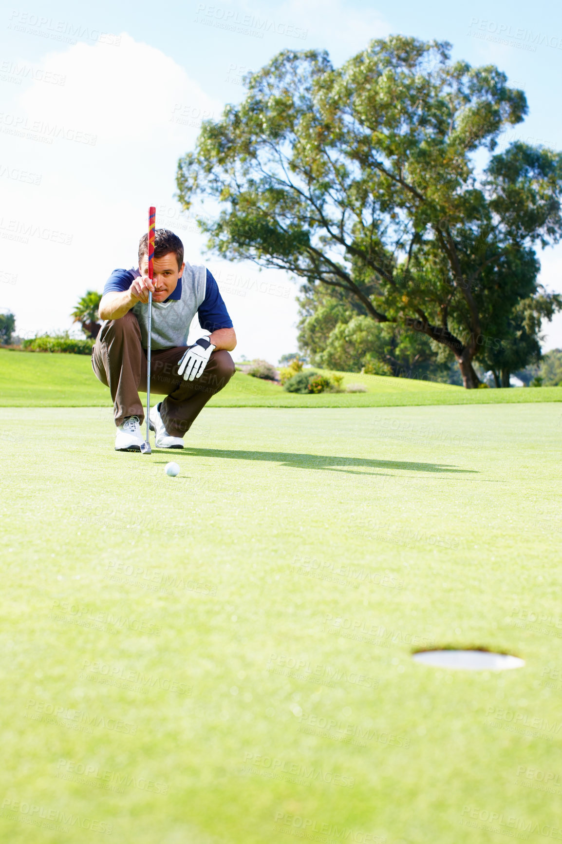 Buy stock photo Man, thinking and golf course for hole, club and outdoor fitness for competition or games. Male person, planning and precision ball for practice match on turf, exercise and professional athlete