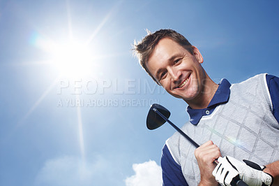 Buy stock photo Sports, portrait and man in golf course for training, playing and practice for tournament game. Country club, male person or golfer with kit for championship match, coordination and smile by blue sky