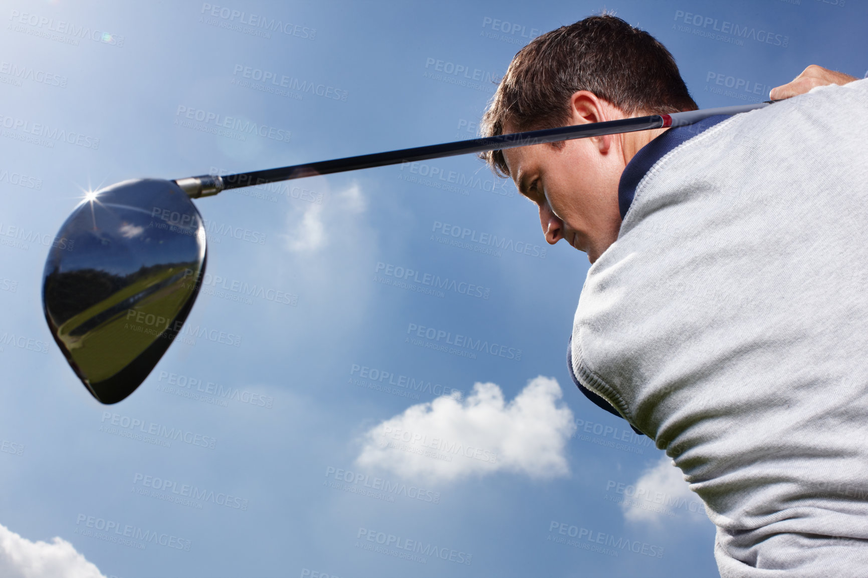 Buy stock photo Sports, golf course and man with swinging for playing, training and practice for tournament game. Country club, male person or golfer with skills for championship match, coordination and kit outdoor