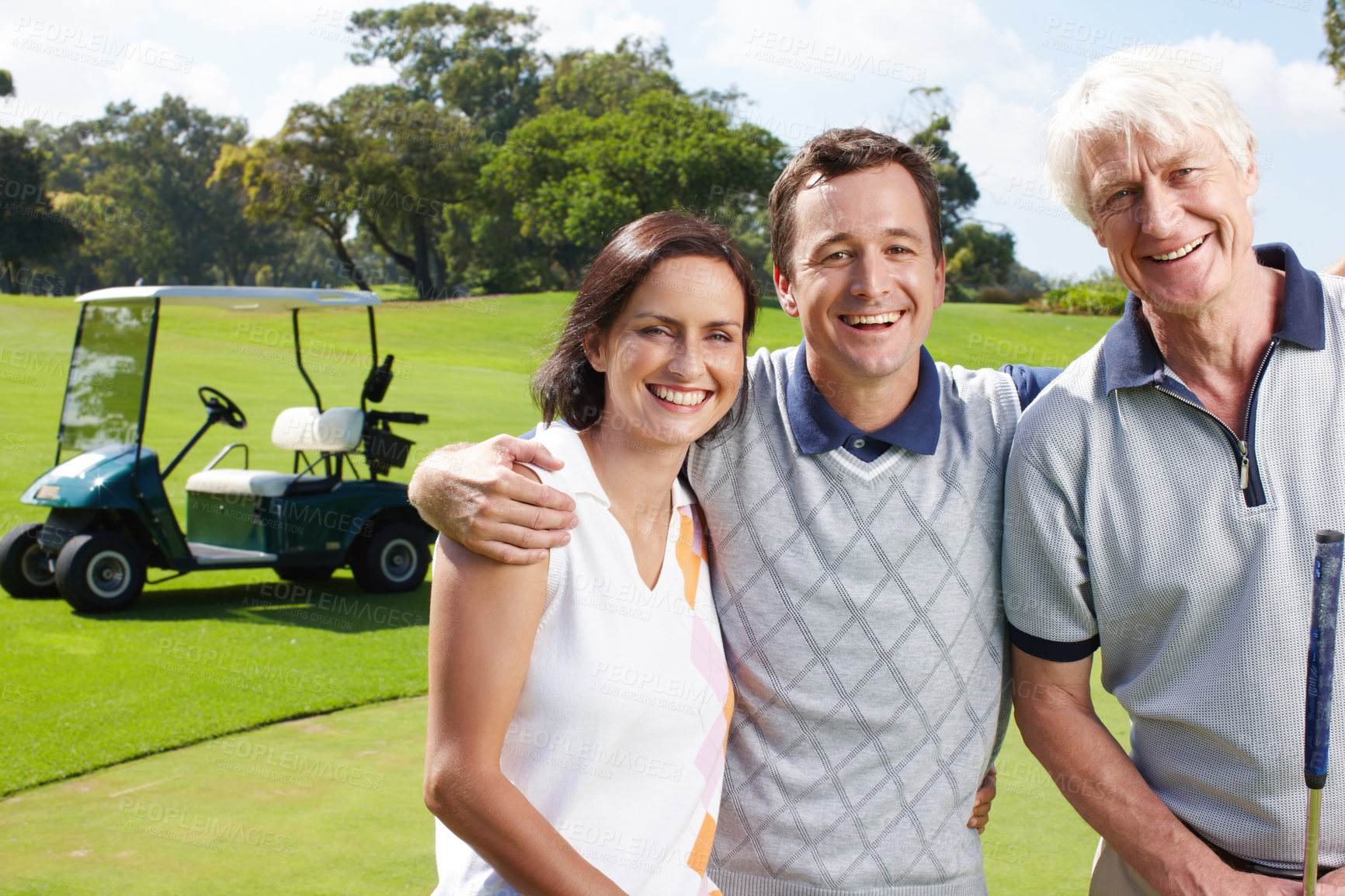 Buy stock photo Sports, golf course and people in portrait for playing, training and practice for tournament game. Country club, family and happy golfers with hug for championship match, coordination and stick