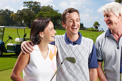 Buy stock photo Sports, golf course and people with laugh for playing, training and practice for tournament game. Country club, family and happy golfers with skills for championship match, coordination and stick