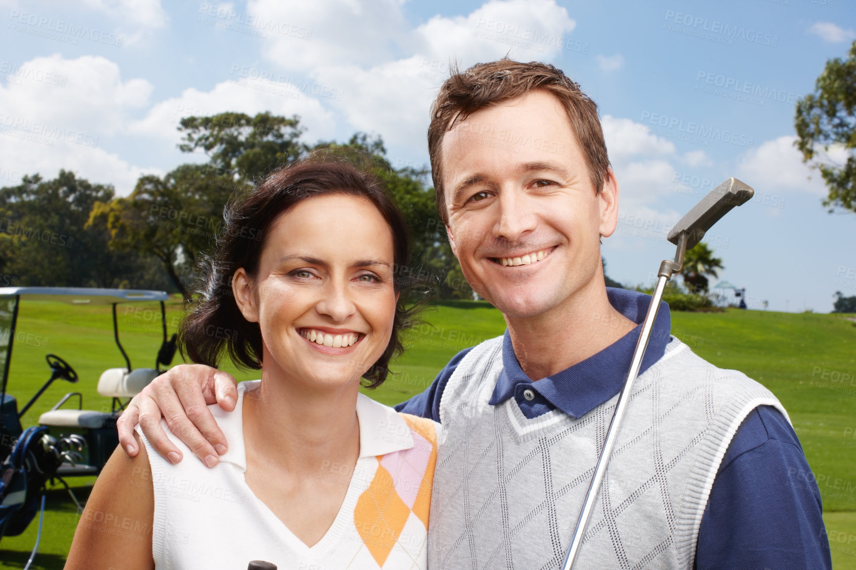 Buy stock photo Portrait, golf course and couple with smile, hug and grass field with sports, recreation and happiness. Face, healthy man or woman with wellness, activity and romance with training, embrace and hobby