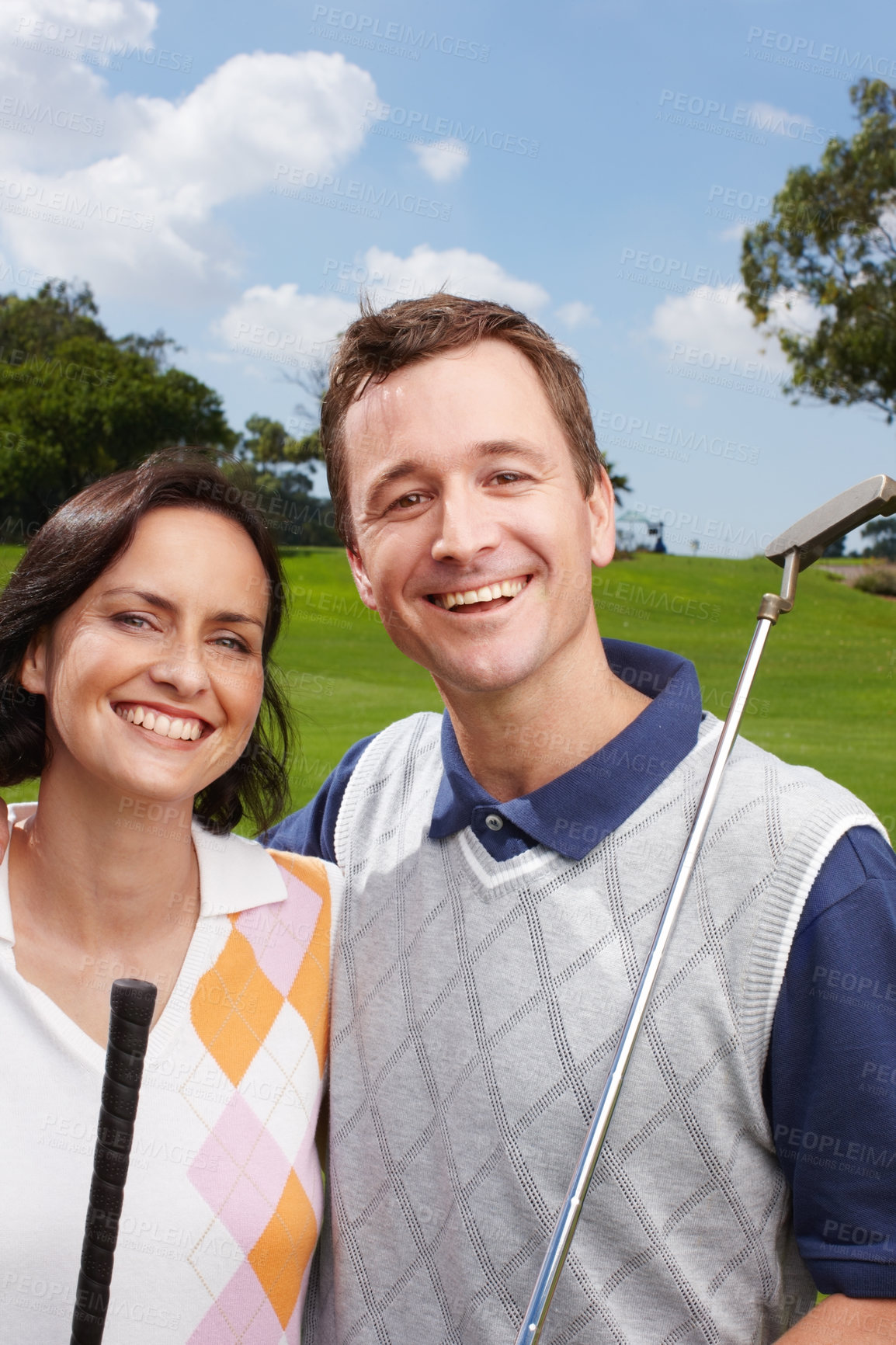 Buy stock photo Portrait, golf course and couple with hug, training smile and grass field with embrace, recreation and health. Face, man and woman with wellness, activity and happiness with fitness, routine or hobby