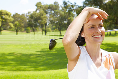 Buy stock photo Game, looking and woman on golf course with club for outdoor exercise, fitness and challenge in morning. Sports, checking and golfer on green grass for competition, health and wellness in nature.