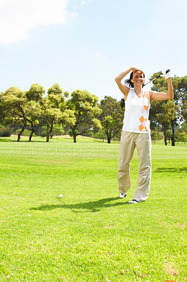 Buy stock photo Club, play and woman on golf course with view for outdoor exercise, fitness and challenge in morning. Sports, looking and female golfer on green grass for competition, health and wellness in nature