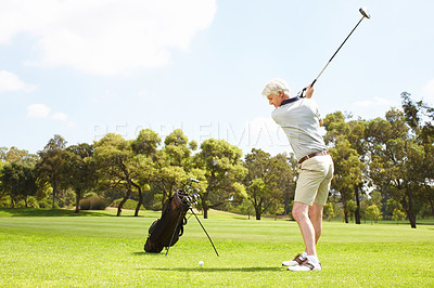 Buy stock photo Old man, swing and golf course for sports, club and outdoor fitness for competition or games. Male person, tournament and precision for practice match on turf, exercise and challenge in retirement