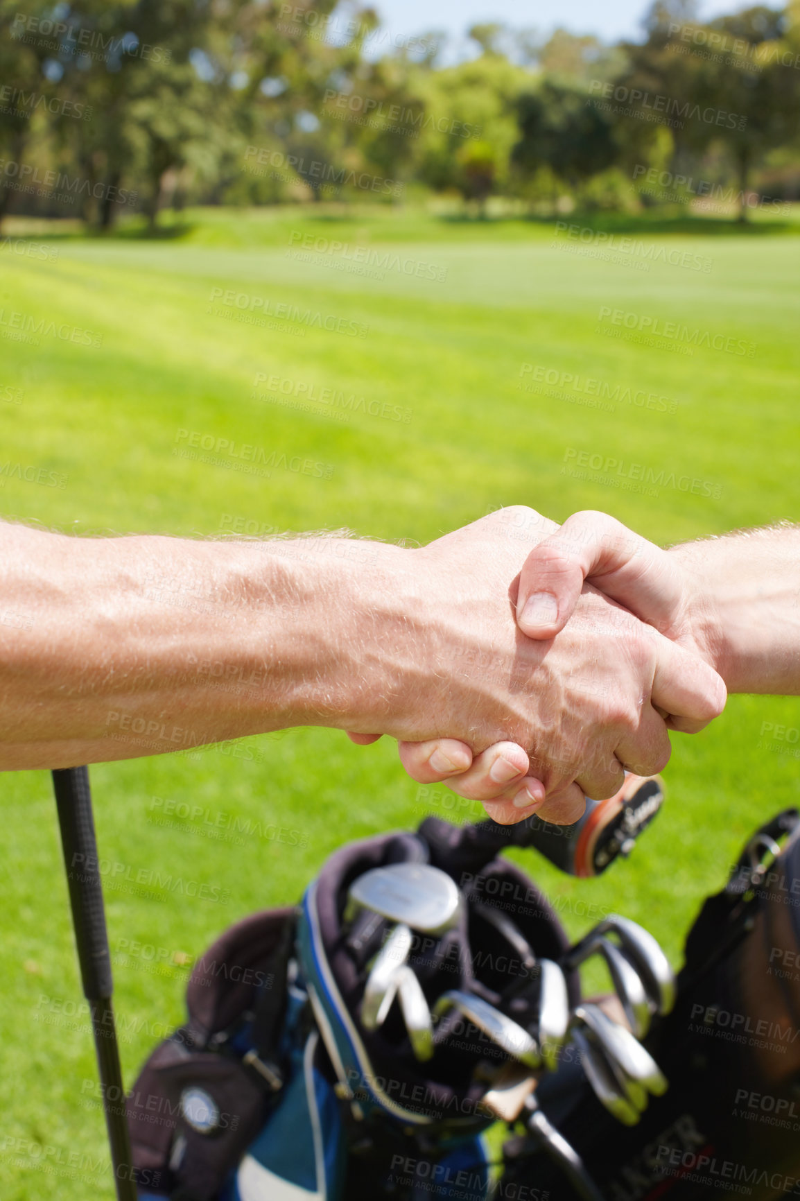 Buy stock photo Game, handshake and men on golf course together for teamwork, congratulations or fitness competition. Shaking hands, thank you and people on green for partnership, challenge or support at sports club