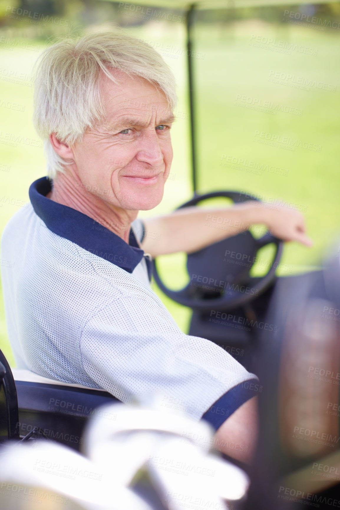 Buy stock photo Driving, nature and senior man in golf cart for practice, game or training with competition. Happy, transport and elderly male athlete in vehicle for fitness activity with exercise at country club.