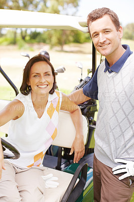 Buy stock photo Portrait, golf cart and couple with fitness, healthy and field with sports, recreation and love Face, man and woman with wellness, active or happiness with training, routine and hobby with game