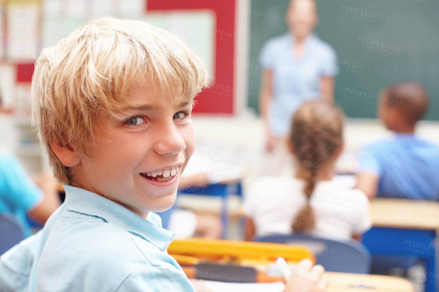 Buy stock photo Smile, portrait and boy at desk in class for learning, growth and child development in education. Happy, face and student in school for knowledge, study and future opportunity with scholarship.