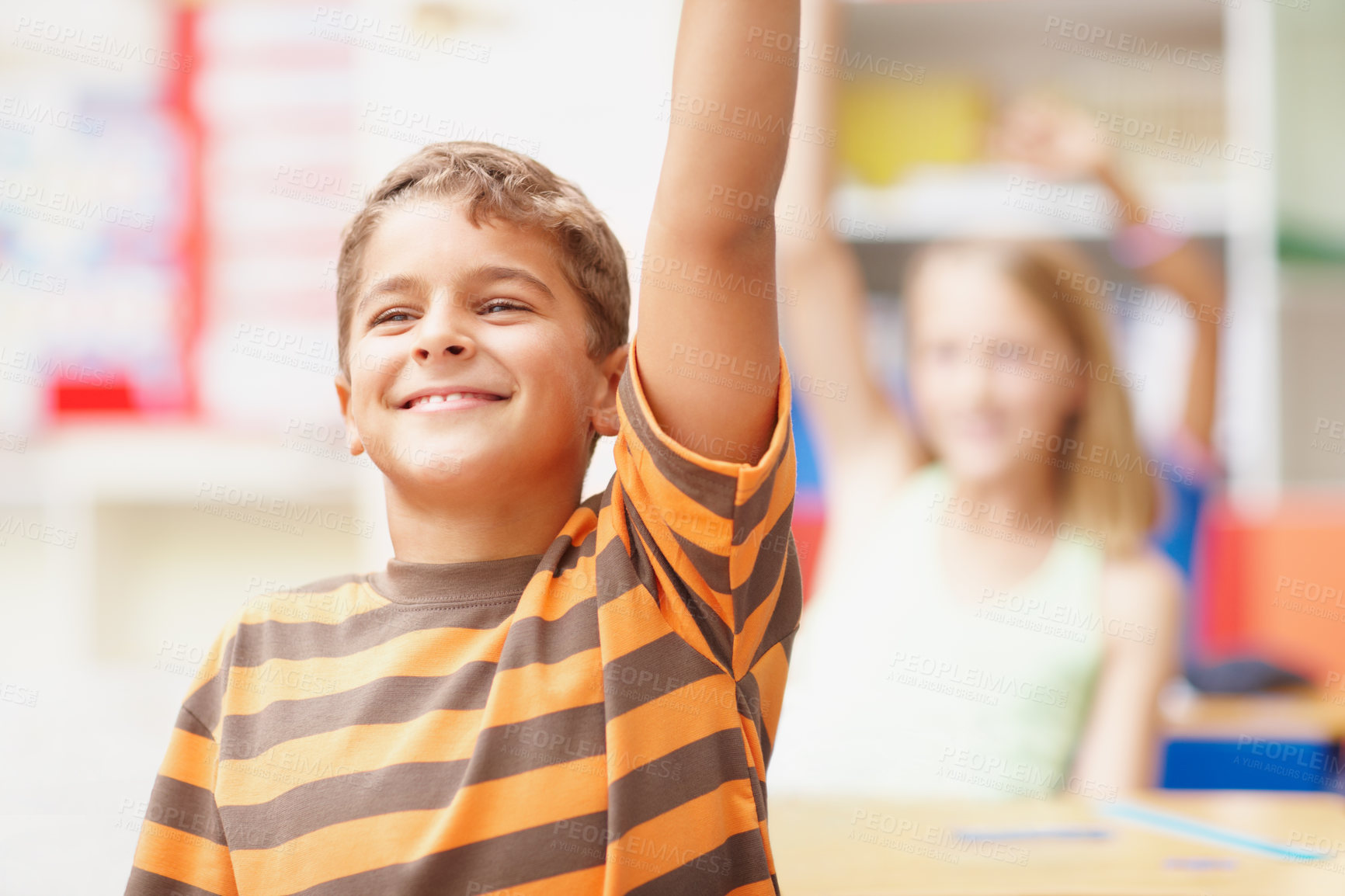 Buy stock photo Question, student and answer teacher in classroom for learning, assessment and education support. Smart boy child, lesson and hands raised with knowledge, exam quiz and feedback at elementary school