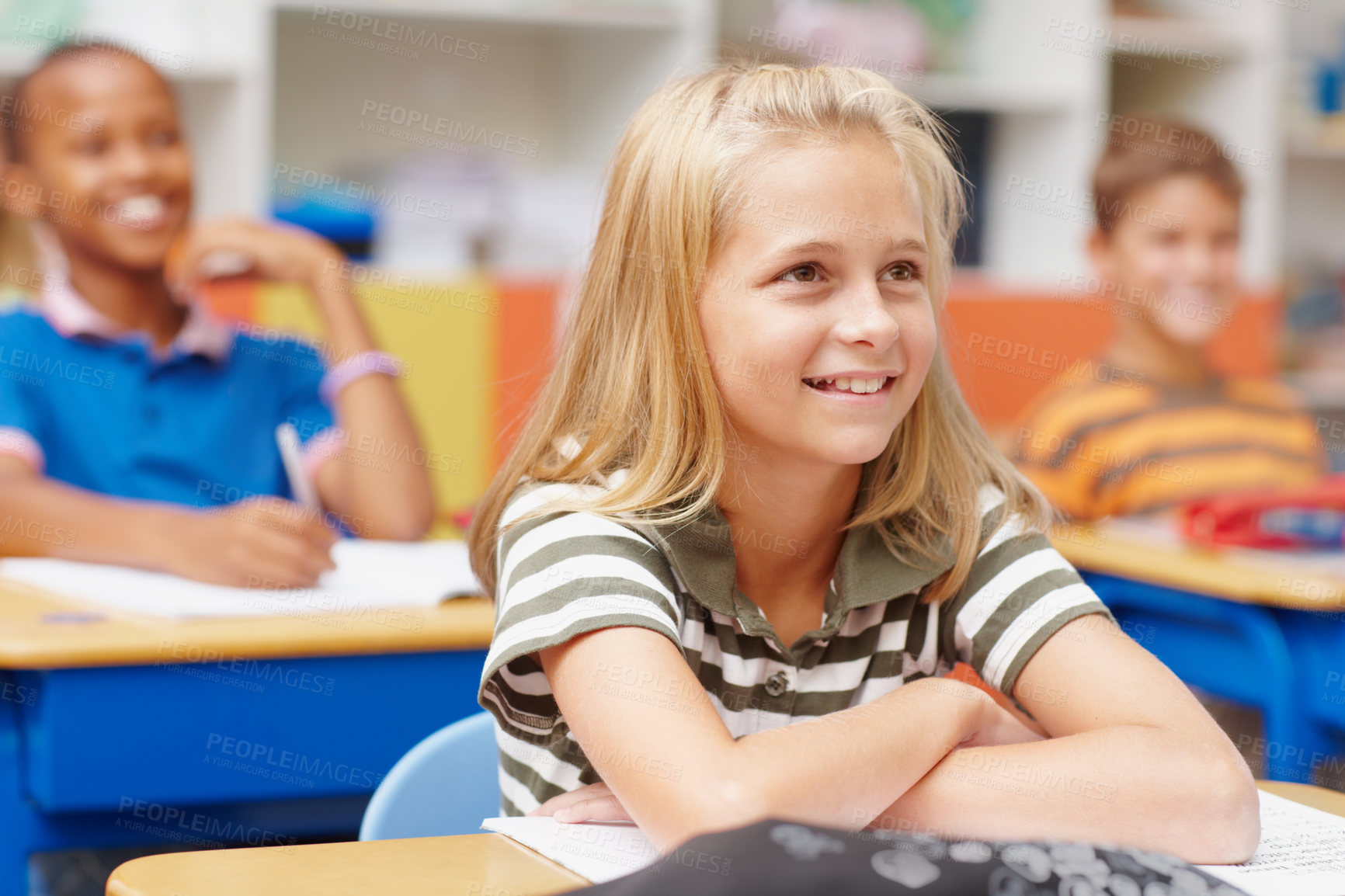 Buy stock photo Smile, education and kids in classroom for learning, growth and child development at elementary school. Happy, face and students at desk for lesson, study and future opportunity for scholarship.
