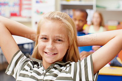 Buy stock photo Student, girl and happy on portrait in classroom at school for education, teaching and learning in Australia. Learner, kid and smile in confidence in elementary phase for brain development and growth