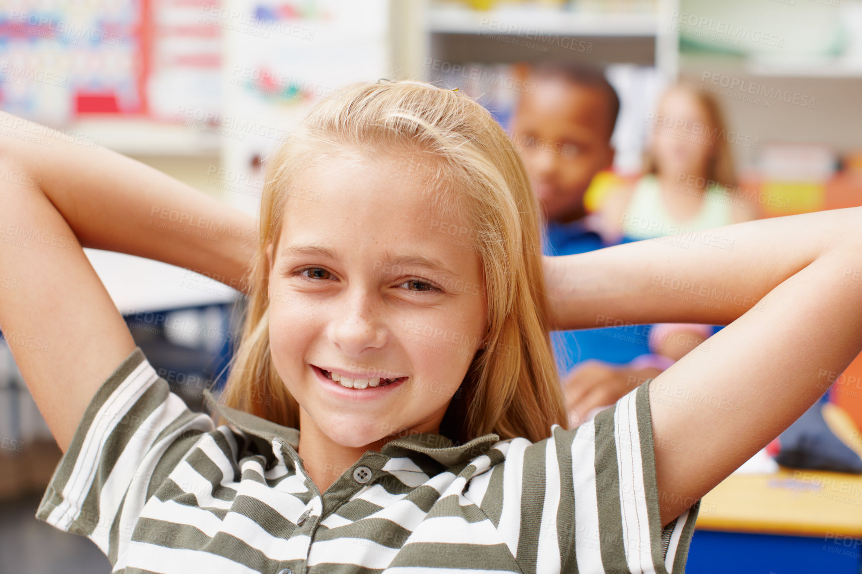 Buy stock photo Student, girl and happy on portrait in classroom at school for education, teaching and learning in Australia. Learner, kid and smile in confidence in elementary phase for brain development and growth