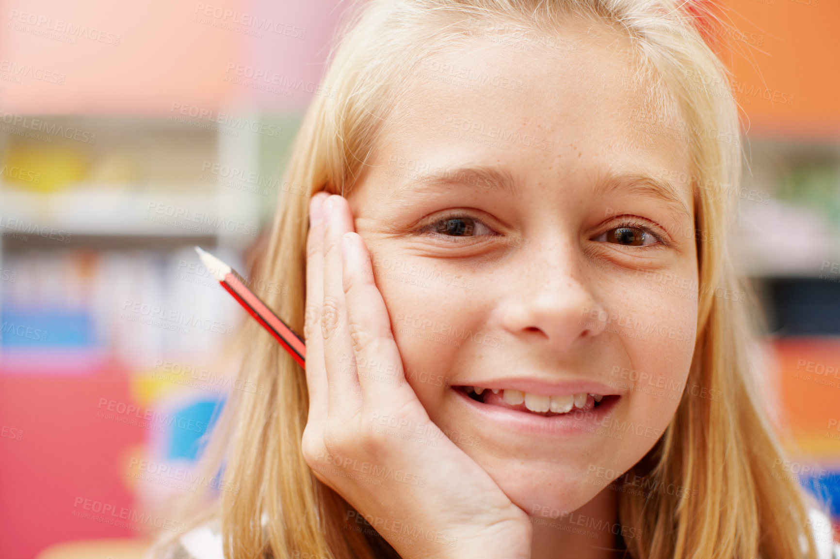 Buy stock photo Smile, portrait and girl in classroom with pencil for learning, growth and child development at school. Happy, face and student at desk for education, study and future opportunity for scholarship.