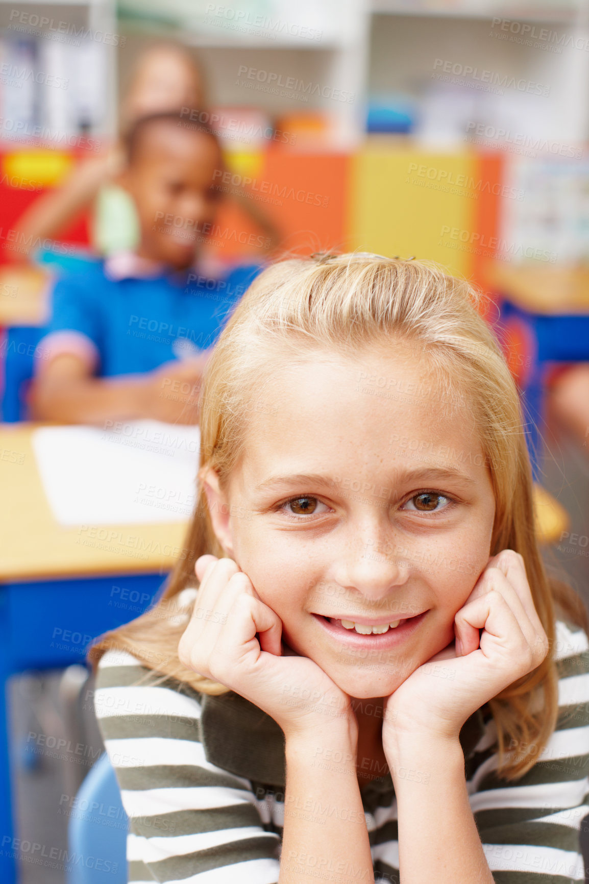 Buy stock photo Happy, portrait and girl in classroom for learning, growth and child development at elementary school. Smile, face and student at desk for kids education, study and future opportunity for scholarship