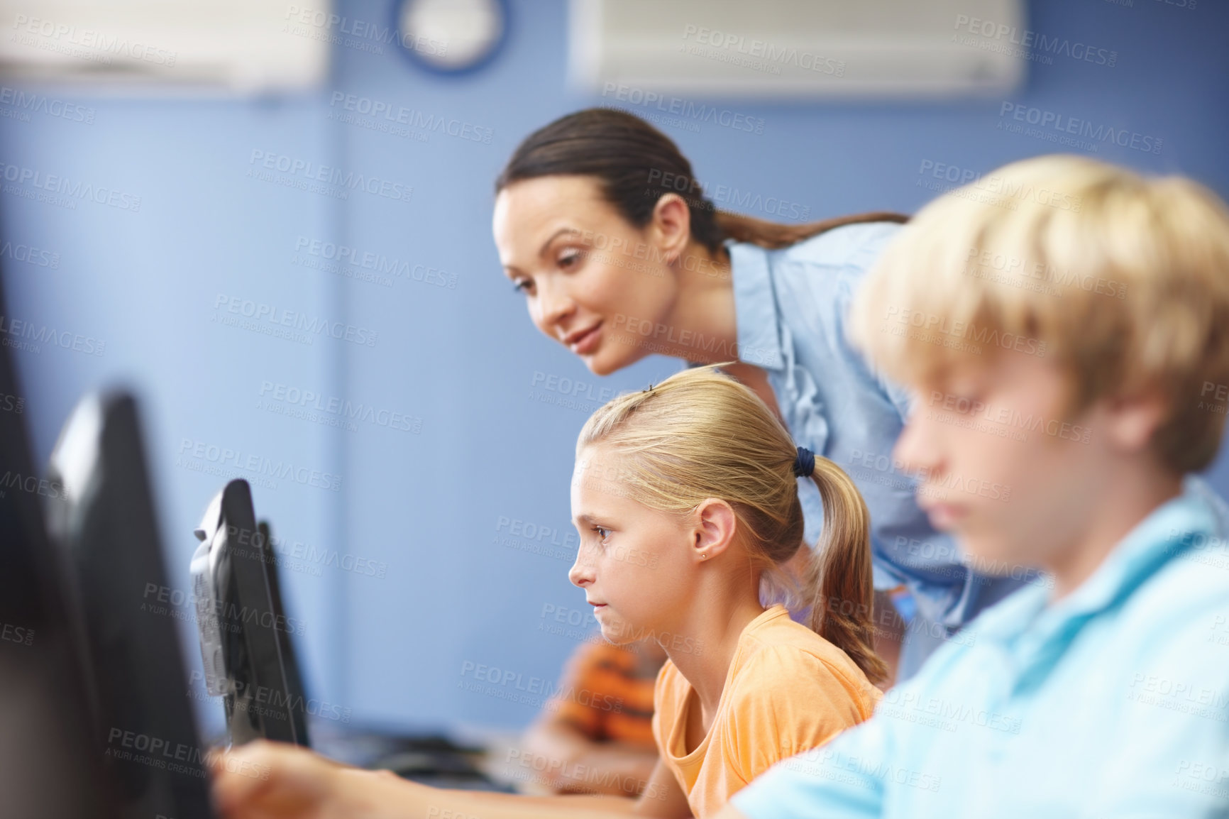 Buy stock photo Education, teacher and children in classroom, computer and teaching of students, coding and research. School, online and elearning with internet, kids and woman with smile and studying of robotics