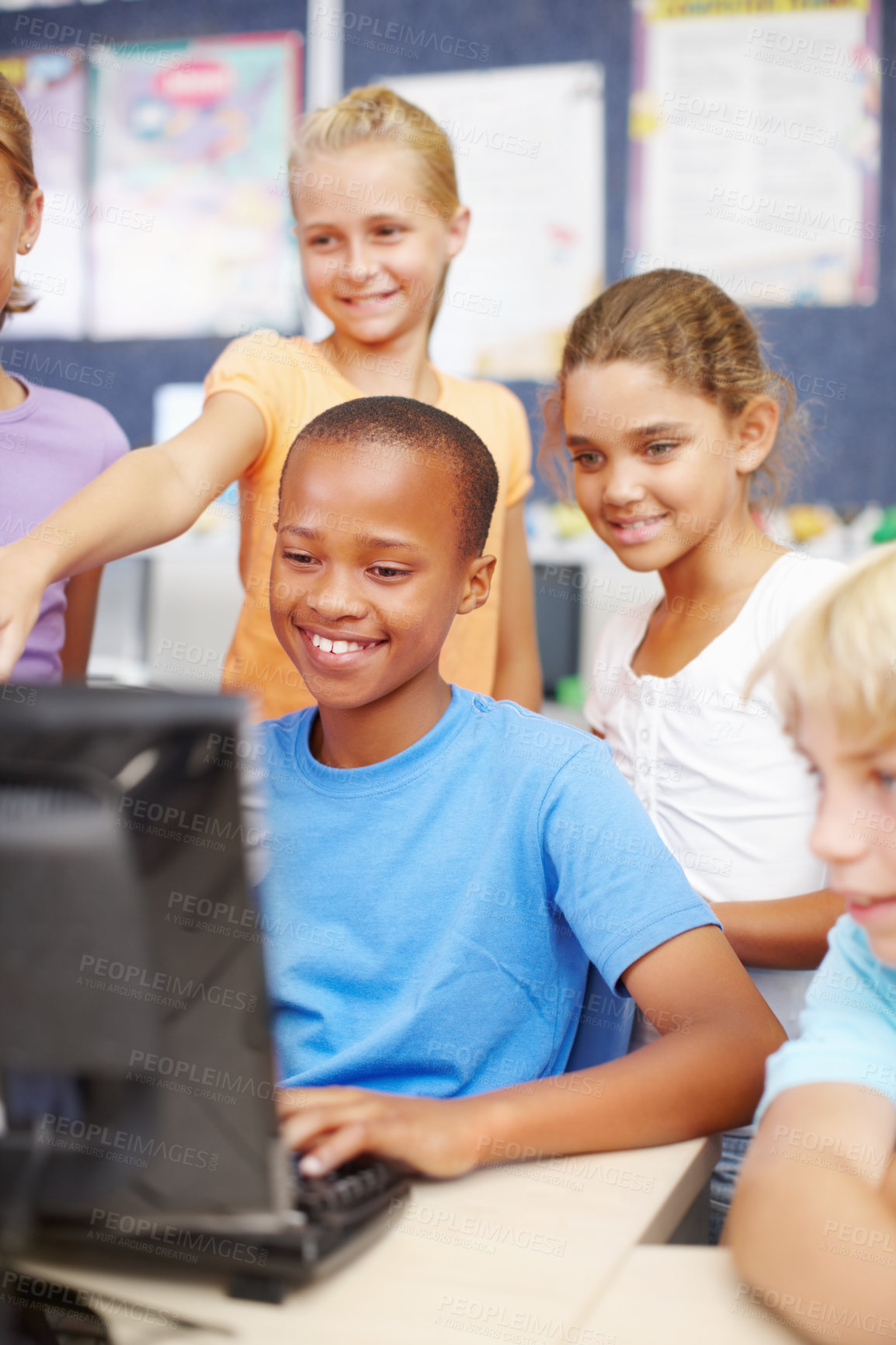 Buy stock photo Children, computer and education with friends in classroom of school together for learning or study. Development, diversity and smile with student kids in class for future, growth or scholarship