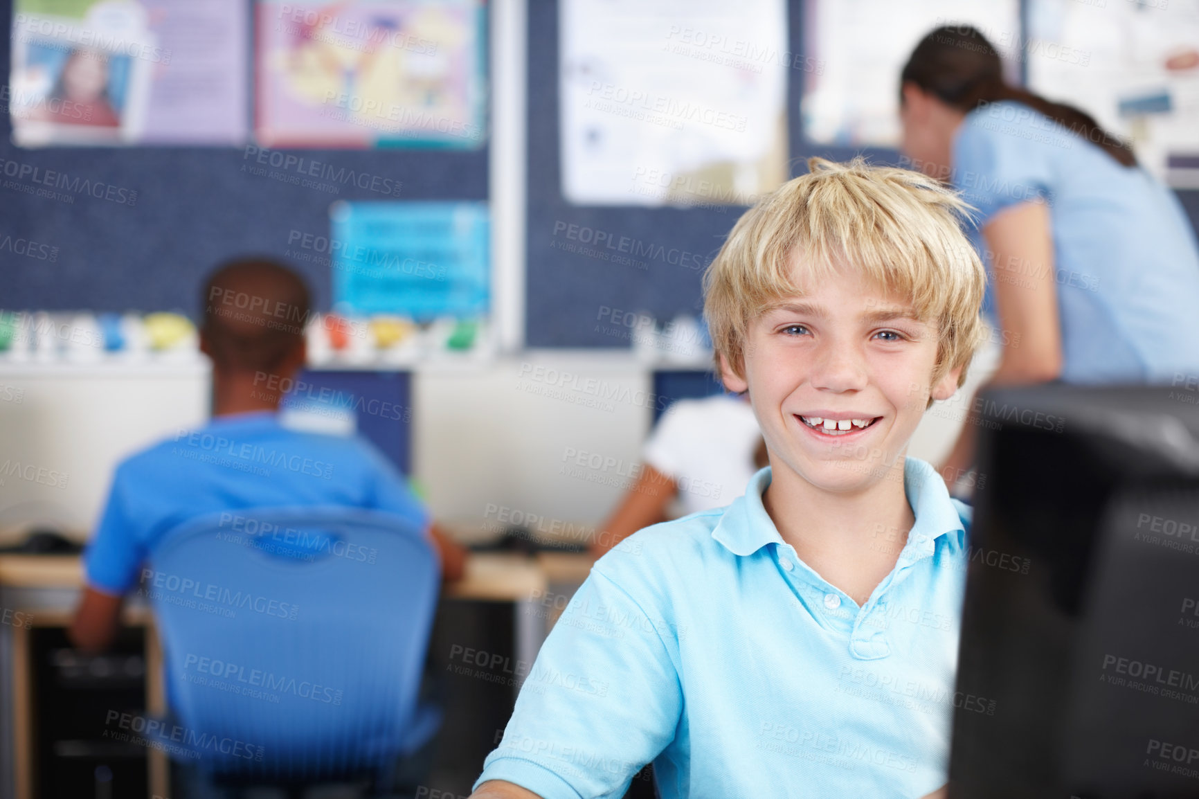 Buy stock photo Computer, education and portrait of boy student in classroom of school for learning or online study. Child development, research and smile with student kid in class for future, growth or scholarship