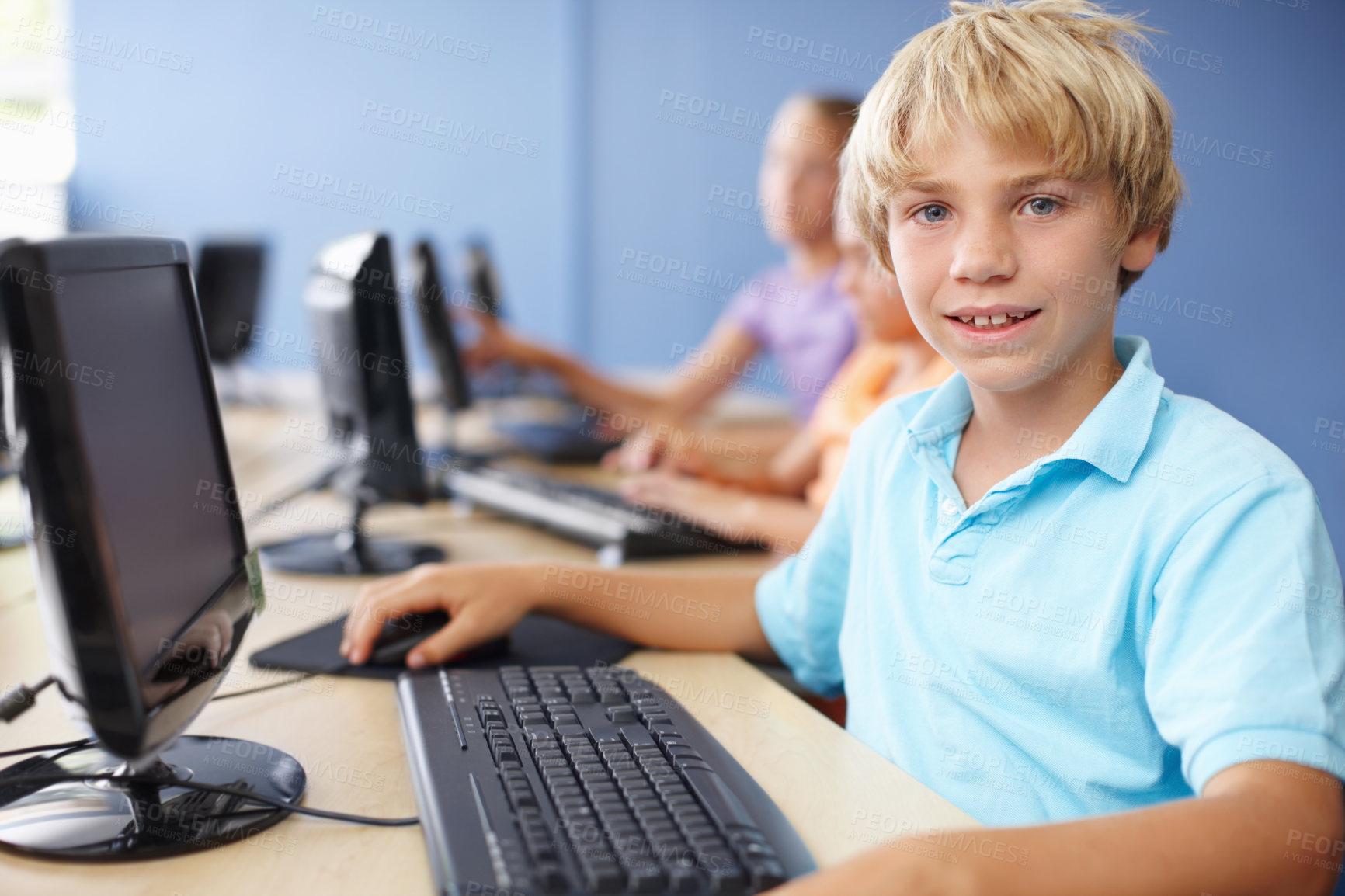 Buy stock photo Computer, education and portrait with boy student in classroom of school for learning or online study. Child development, happy and smile with learner kid in class for future, growth or scholarship