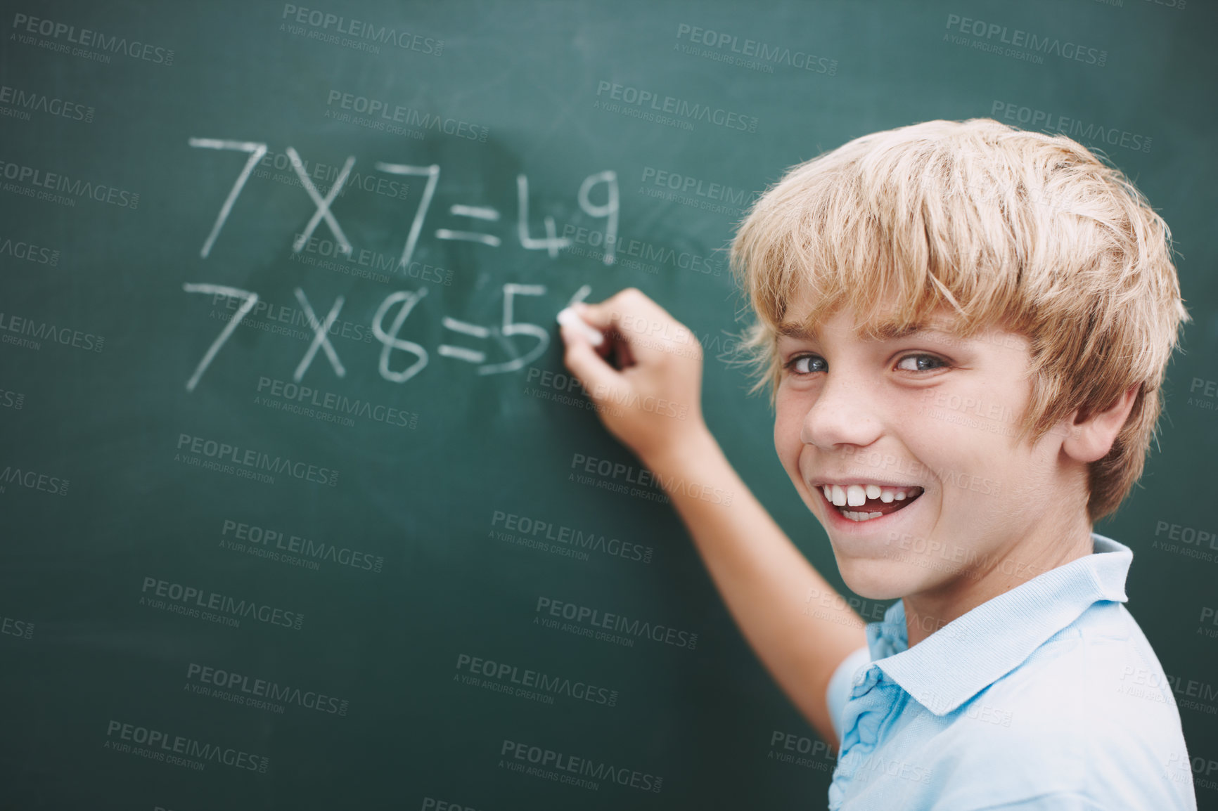 Buy stock photo Student, boy and portrait at chalkboard in classroom with problem solving, education or learning development. Scholarship, math and answer question with mockup space, studying or assessment at school