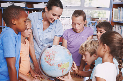 Buy stock photo World map, teacher and kids with globe, diversity and conversation with knowledge, learning and talking. Geography, woman and students in school, children or studying with planet, answer and creative