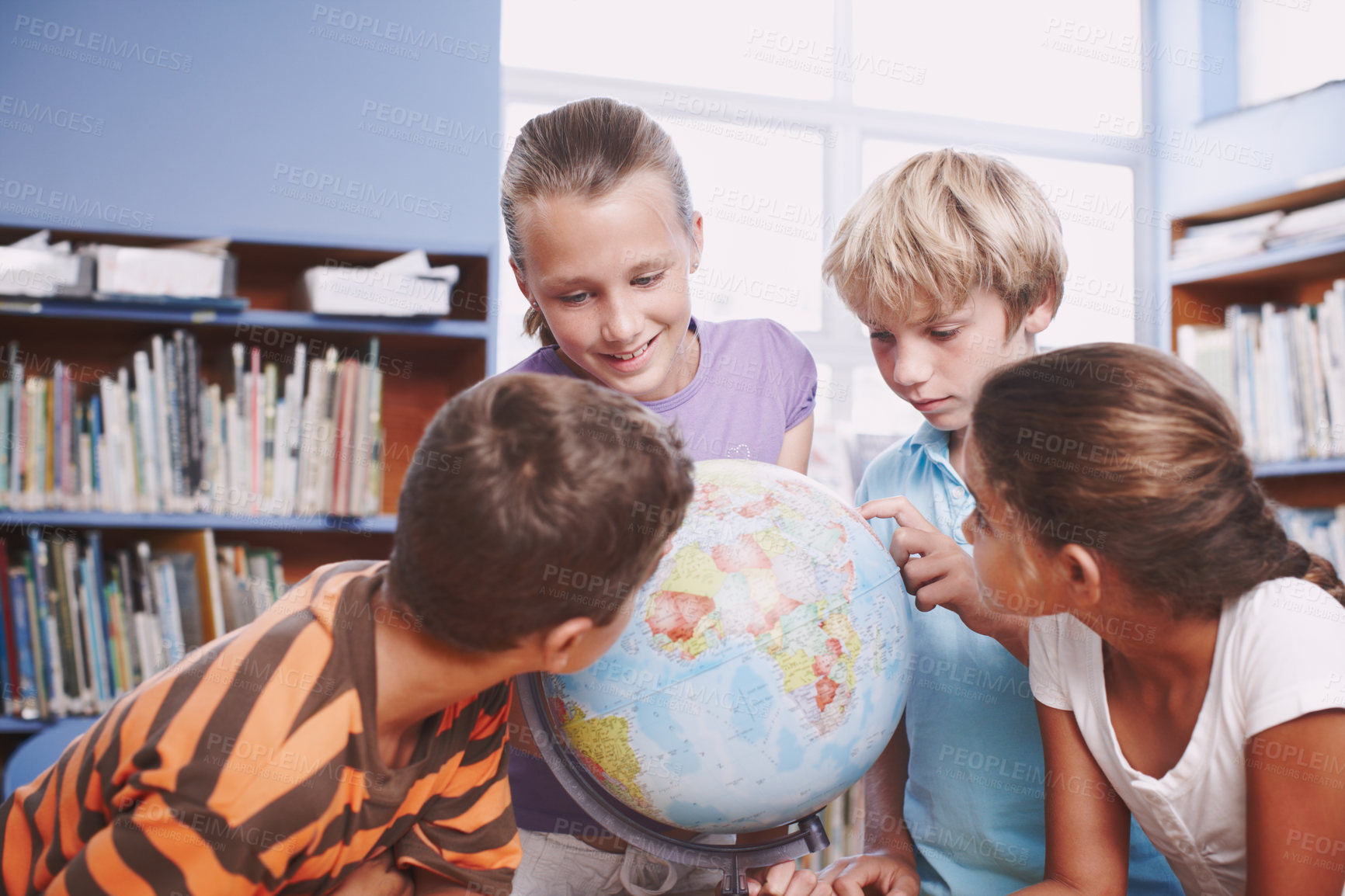 Buy stock photo World map, students and kids in classroom, globe and conversation with knowledge, support and talking. Geography, group or friends in school, children or studying with answer, development or learning