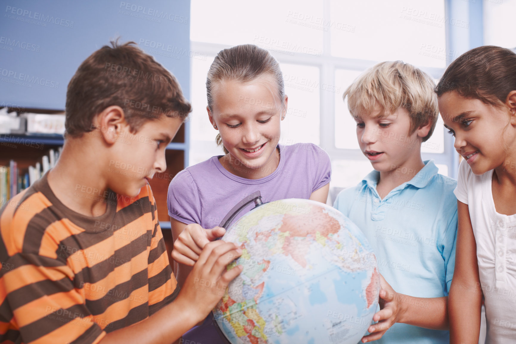 Buy stock photo World map, students and kids with globe, learning and conversation with knowledge, studying and talking. Geography, friends and group in classroom, children and education with support and development