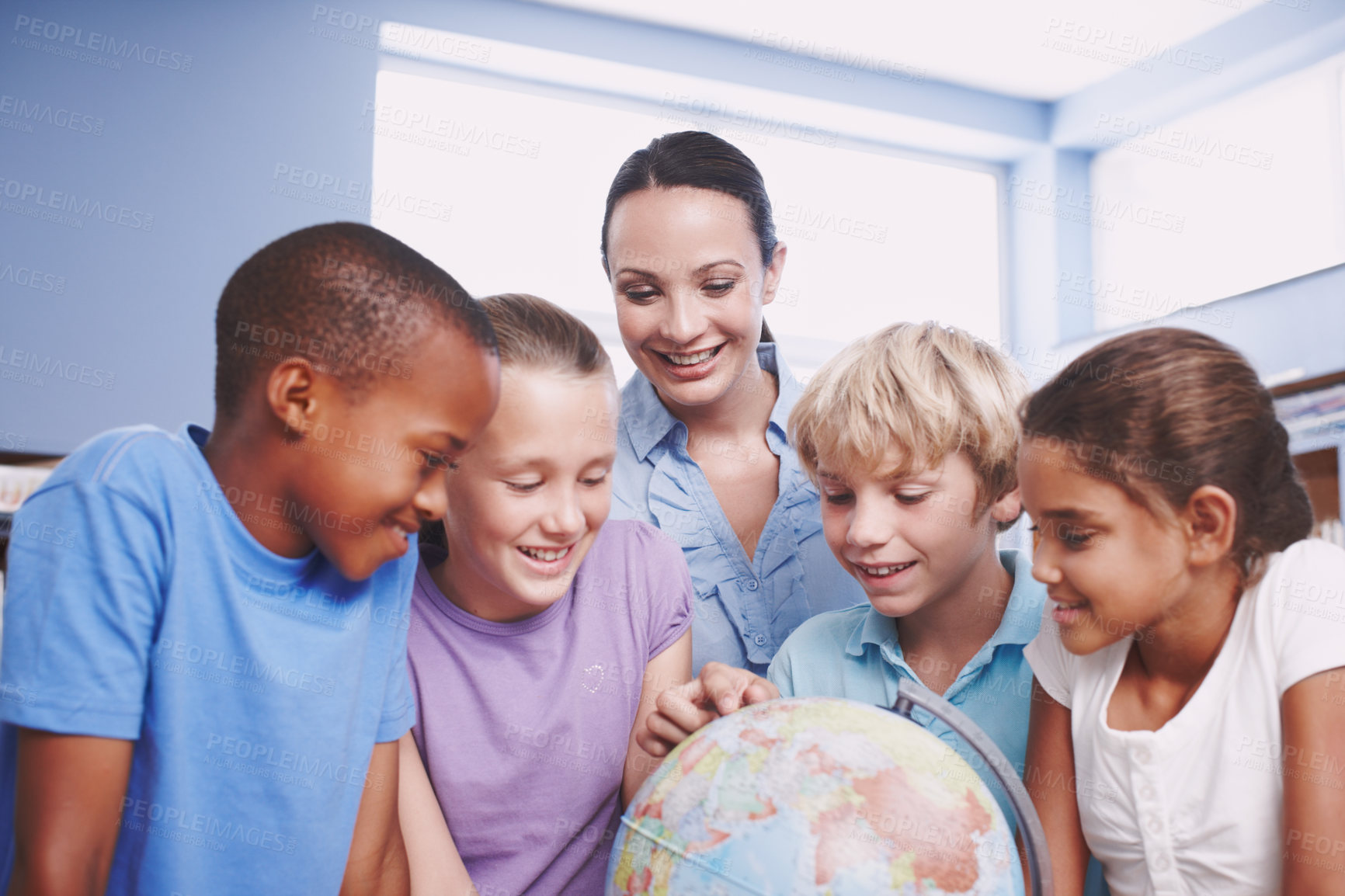 Buy stock photo World map, teacher and students with help, education and conversation with knowledge, learning and advice. Geography, woman and friends in school, children or studying with development and answer