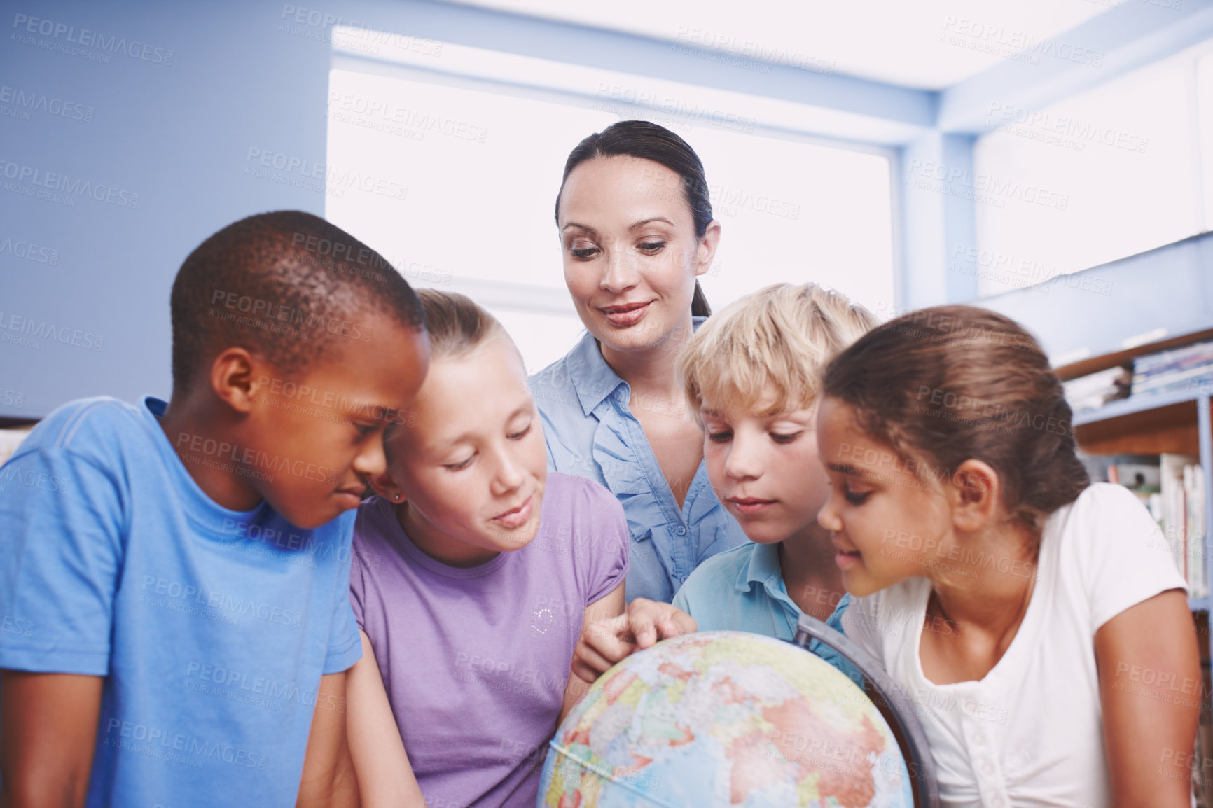 Buy stock photo World map, woman and kids in classroom, globe and conversation with knowledge, intelligent and talking. Geography, teacher and students in school, children or studying with help, answer and learning