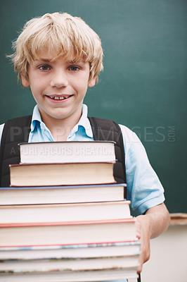 Buy stock photo Smile, portrait and child with textbook for education, learning and ready for morning kindergarten. Happy, school and boy student in classroom for knowledge, studying and pride for academic lesson