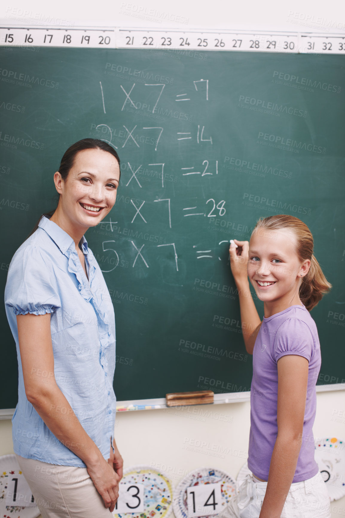 Buy stock photo Math, teacher and student portrait at chalkboard in classroom for solving number problem and answer question. Lesson, girl and solution for multiplication at school with scholarship, quiz or learning