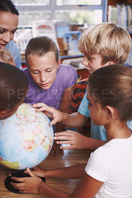 Buy stock photo World map, teacher and students in classroom, globe and conversation with knowledge, excited and answer. Geography, woman and kids in school, children or studying with happiness, science and learning