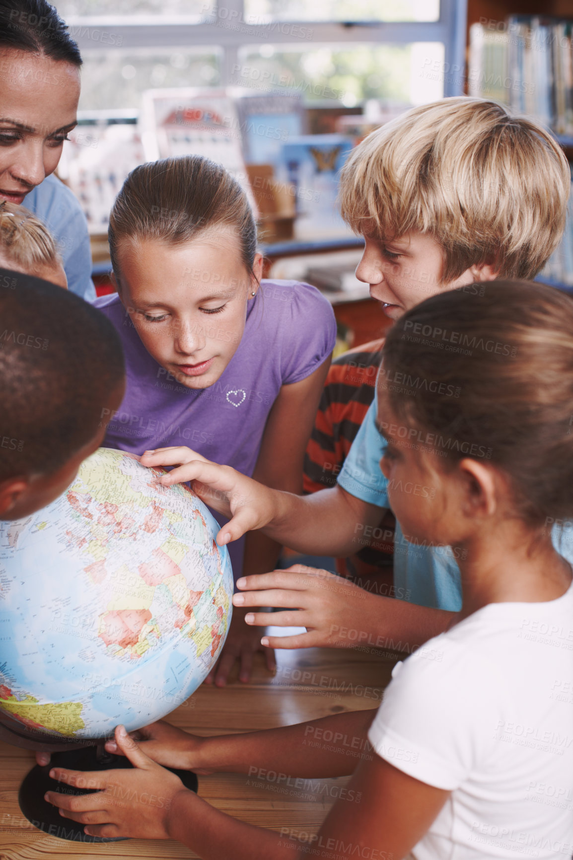 Buy stock photo World map, teacher and students in classroom, globe and conversation with knowledge, excited and answer. Geography, woman and kids in school, children or studying with happiness, science and learning