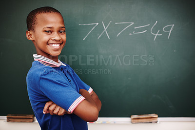 Buy stock photo Math class, happy child and chalkboard for education, learning and problem solving for skill development. African boy, portrait and classroom for solution, confidence or smile at school for knowledge