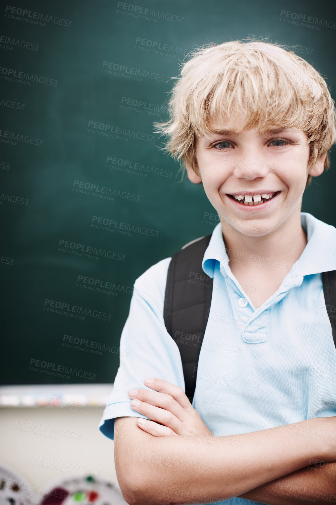 Buy stock photo Arms crossed, chalkboard and portrait of student boy in class at school for development or education. Learning, smile or study with happy learner for academic lesson for future, growth or scholarship