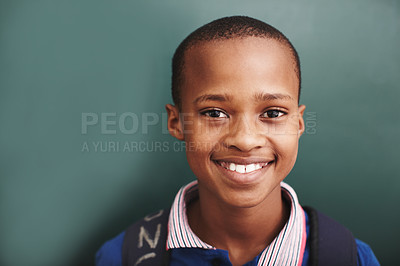 Buy stock photo Education, portrait and smile of boy on chalkboard in school classroom for child development, future or growth. Face, learning and study with happy student on mockup space for lesson or scholarship