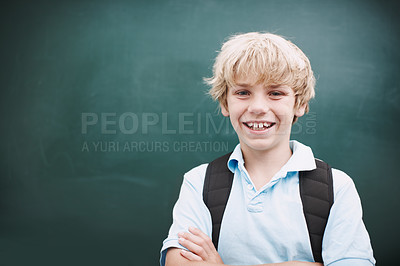 Buy stock photo Chalkboard, portrait and smile of boy student in classroom at school for development or education. Learning, smile and study with happy kid on mockup space in class for future, growth or scholarship