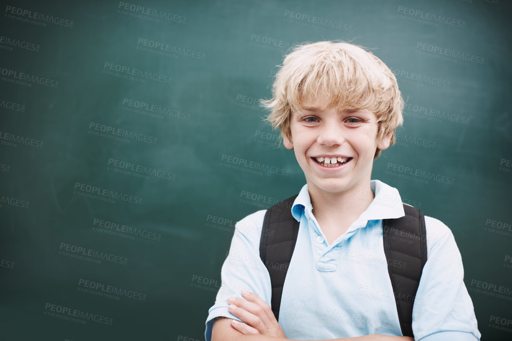 Buy stock photo Chalkboard, portrait and smile of boy student in classroom at school for development or education. Learning, smile and study with happy kid on mockup space in class for future, growth or scholarship