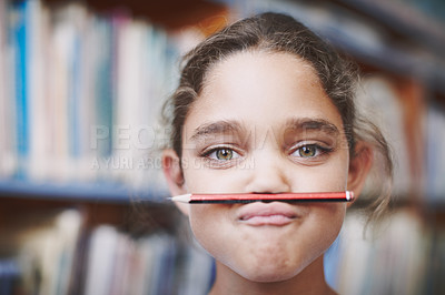 Buy stock photo Portrait, joke and girl student with pencil at school library on break for education or learning. Funny learner, goofy or silly kid with mouth or eyes wide open for studying or playing in Australia