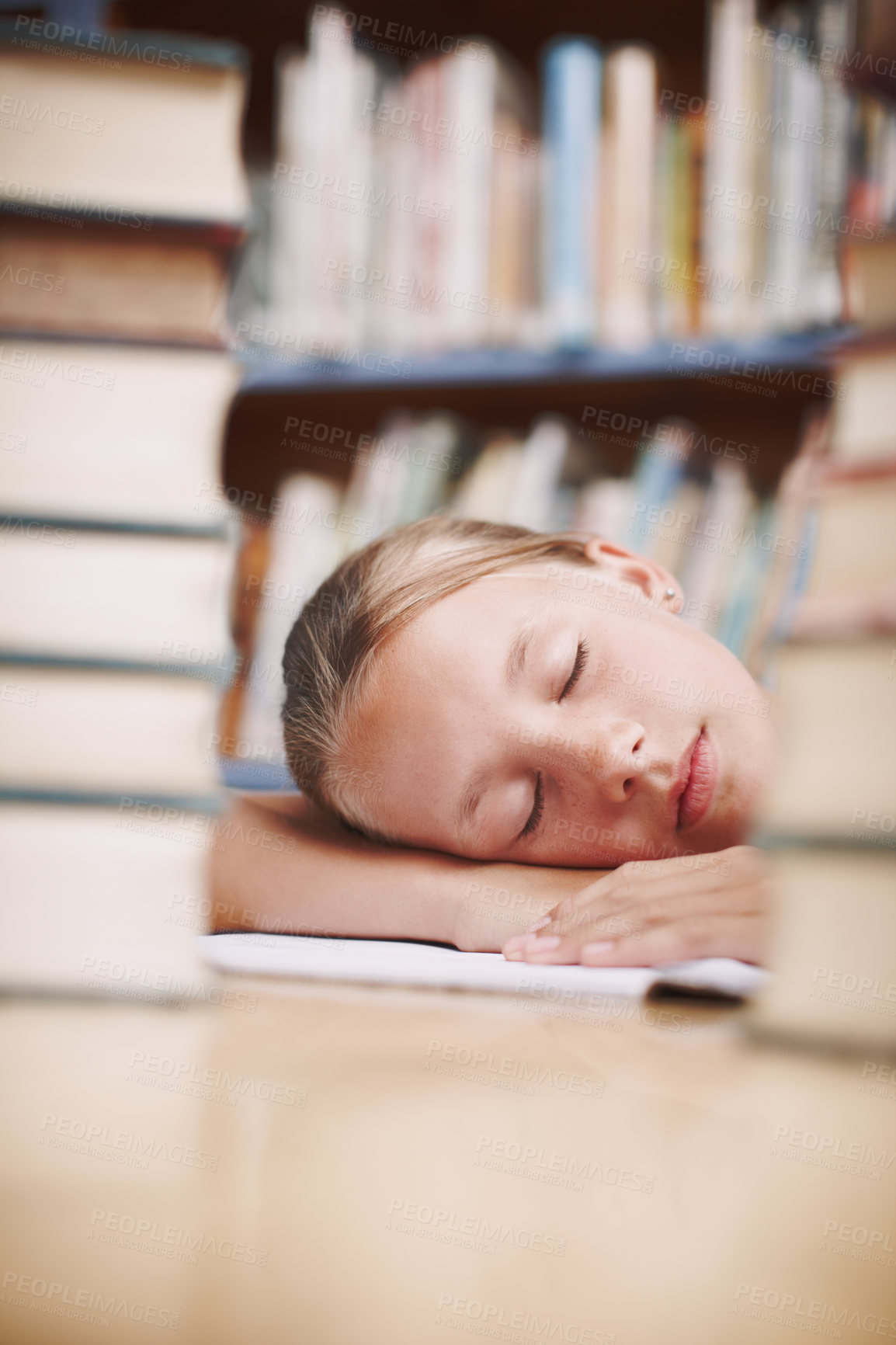 Buy stock photo Girl, exhausted and tired in library, studying and rest for assignment, homework and burnout. Sleeping, deadline and learning for writing project, school student and information for reading education