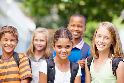 Buy stock photo Children, education and portrait of student friends outdoor at school together for development. Diversity, scholarship or smile with boy and girl kids on playground for bonding, learning or study