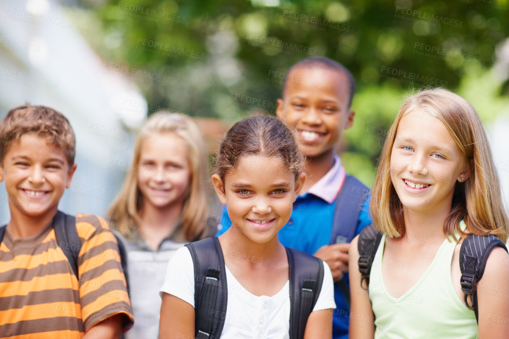 Buy stock photo Children, education and portrait of student friends outdoor at school together for development. Diversity, scholarship or smile with boy and girl kids on playground for bonding, learning or study