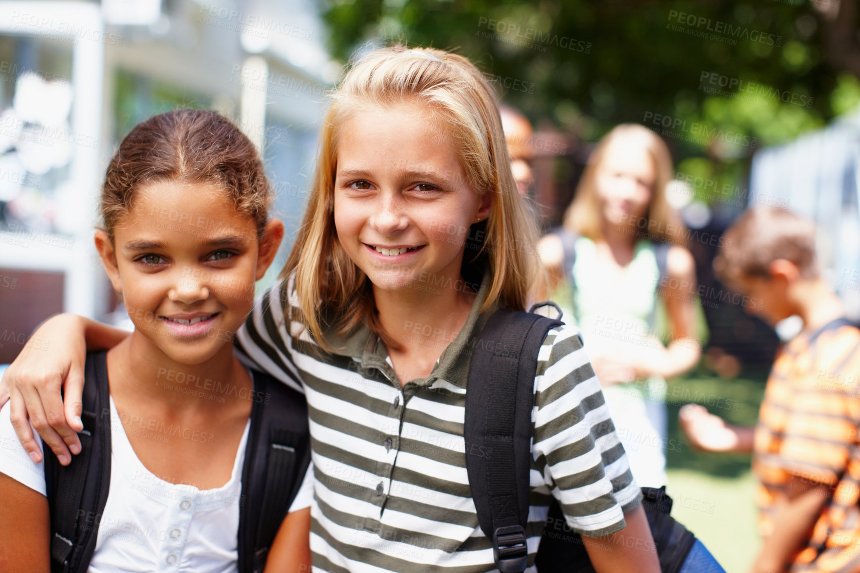 Buy stock photo Portrait, learning and girl and friends at school for education, students and future development. Kids, knowledge and growth with children studying at STEM academy for class, montessori and youth