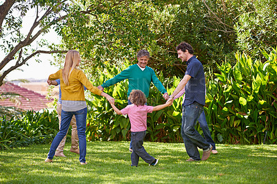 Buy stock photo Happy family, holding hands and children dance outdoor or play game in summer together in circle with grandparents. Ring a rosy, smile and kids in garden on holiday, vacation and bonding with parents