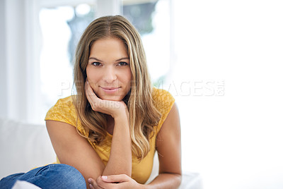 Buy stock photo Woman, portrait and relax in apartment on sofa to chill for comfort in living room for satisfaction. Casual girl, peace and confident female person in house on resting break for wellness in Spain 