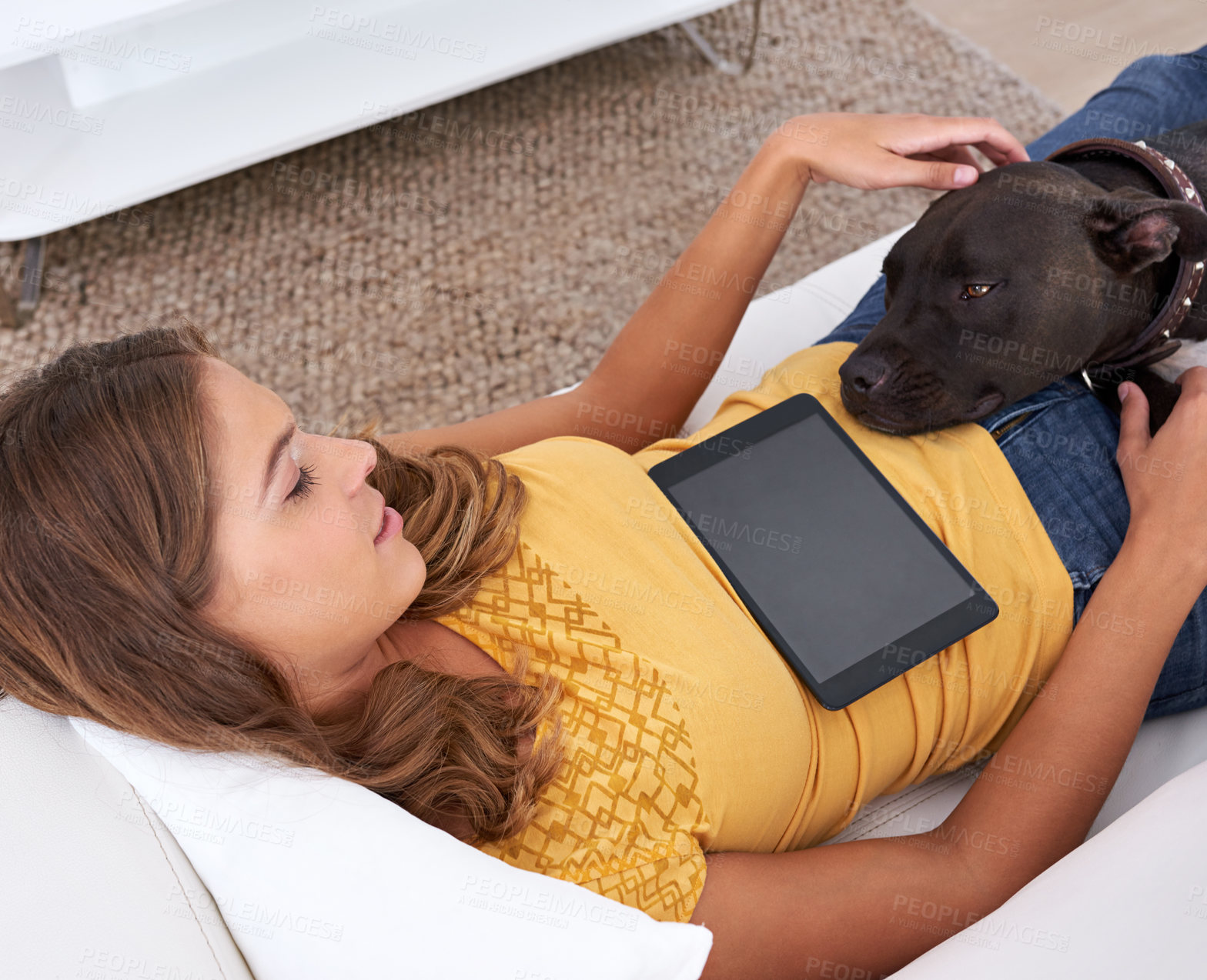 Buy stock photo Sofa, woman and relax with dog for stroke, connection and bonding together as friends at home. House, female person and pet care with labrador for companion, animal lover and tablet break on couch