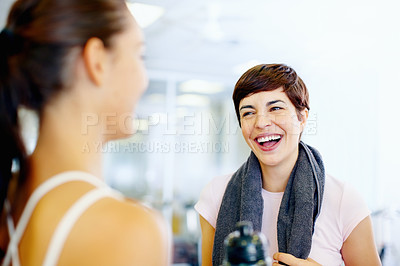 Buy stock photo Cheerful woman with female friend enjoying time together after a workout
